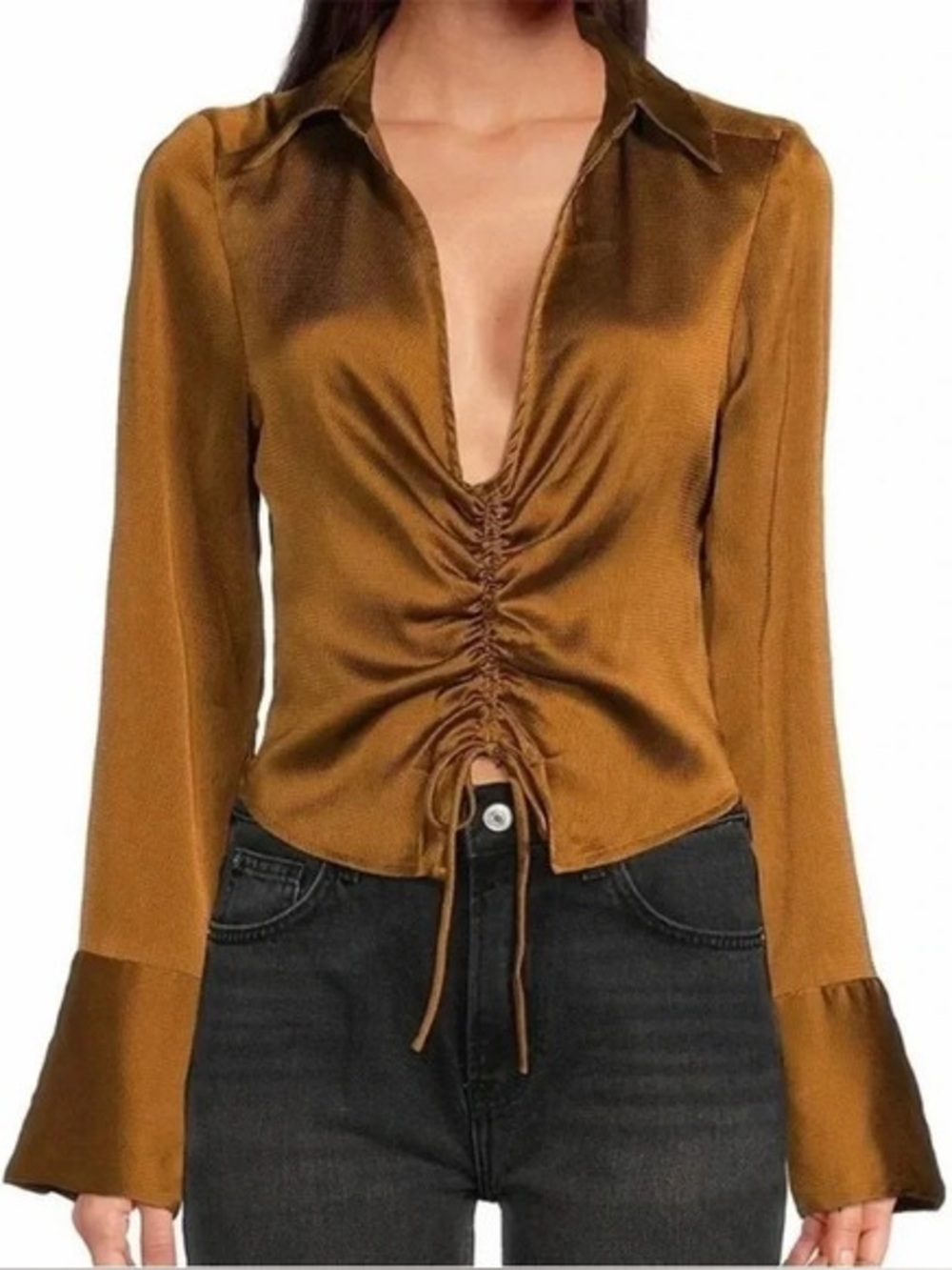 Free People Camel Satin Ruched Button-Down Top